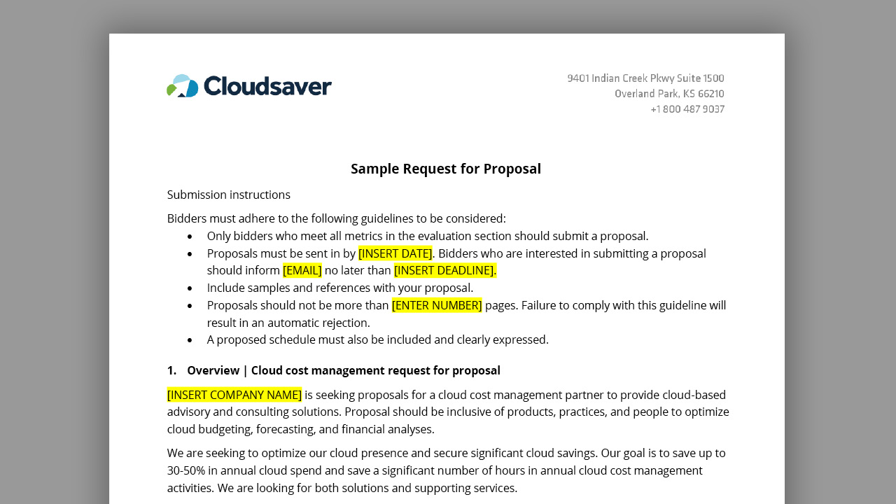 Sample RFP for FinOps or Cloud Cost Management